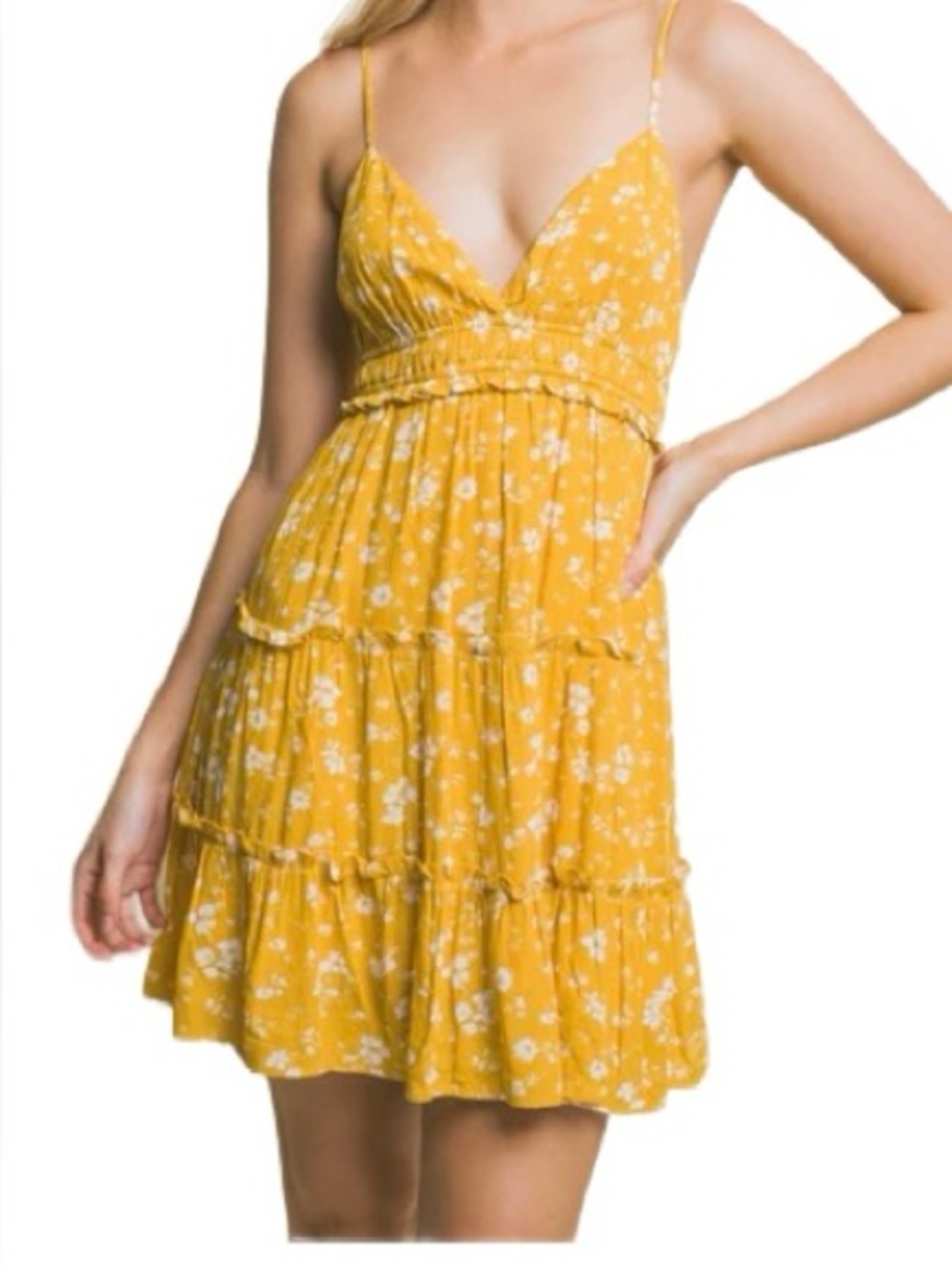 Japna Sunshine Yellow Floral Tiered Spaghetti-Strap Mini Dress Size Small